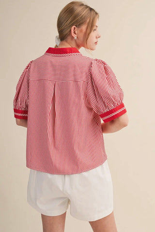 Merci Coastal Striped Puff Sleeve Blouse – Red & White - All About Me Boutique