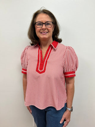 Merci Coastal Striped Puff Sleeve Blouse – Red & White - All About Me Boutique