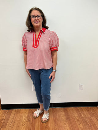 Merci Coastal Striped Puff Sleeve Blouse – Red & White - All About Me Boutique