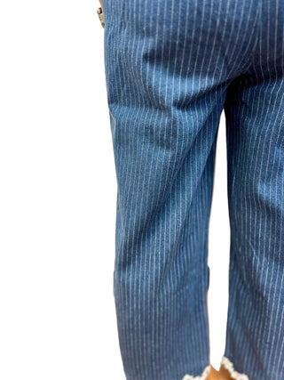 Merci Lace - Trim Pinstripe Cropped Wide Leg Jeans - All About Me Boutique