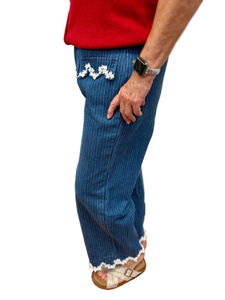 Merci Lace - Trim Pinstripe Cropped Wide Leg Jeans - All About Me Boutique