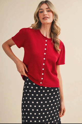 Merci Puff Sleeve Short Sleeve Cardigan – Semi - Cropped Knit - All About Me Boutique