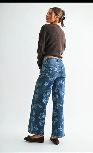 Mica Denim High Rise Wide Leg Floral Denim Jeans - All About Me Boutique