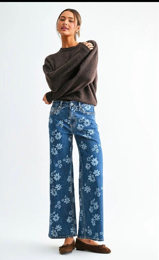 Mica Denim High Rise Wide Leg Floral Denim Jeans - All About Me Boutique