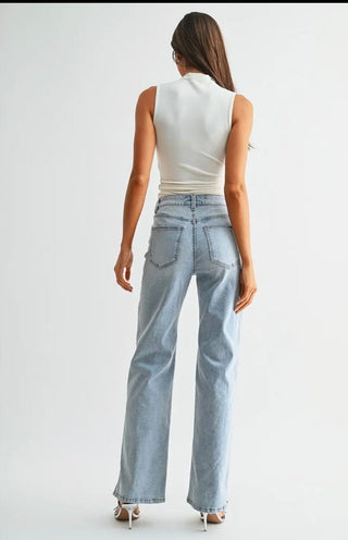 Mica Denim High Rise Wide Leg Pearl Embellished Side Jeans - All About Me Boutique