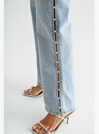 Mica Denim High Rise Wide Leg Pearl Embellished Side Jeans - All About Me Boutique