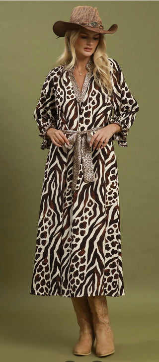 Mixed Animal Print Tie Waist Midi Dress - All About Me Boutique
