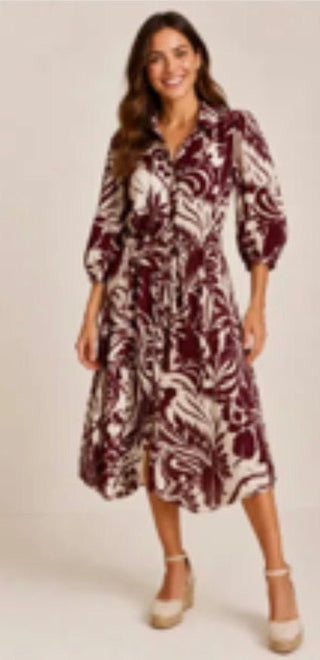 Mlle Gabrielle Linique Leaf Print Balloon Sleeve Midi Dress - All About Me Boutique