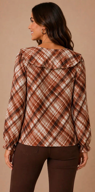 Mlle Gabrielle Plaid Linique Ruffle Peasant Sleeve Top - All About Me Boutique