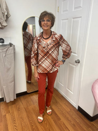 Mlle Gabrielle Plaid Linique Ruffle Peasant Sleeve Top - All About Me Boutique