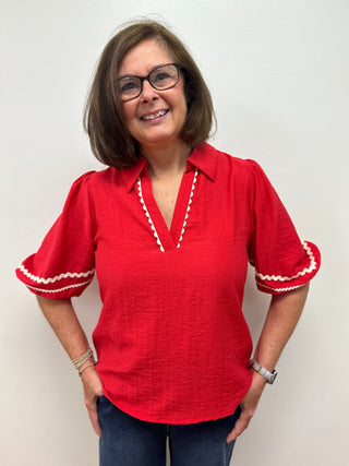 Naked Zebra Contrast Linen Blend Blouse - All About Me Boutique