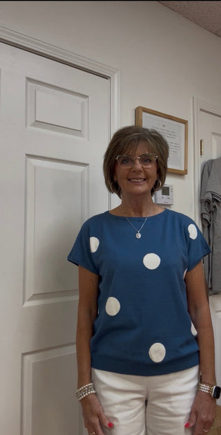 Ninety Clothing Co. Bold Polka Dot Cap Sleeve Knit Blouse - All About Me Boutique