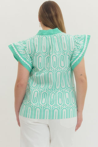 Plus Geometric Printed Flutter Sleeve Top - All About Me Boutique