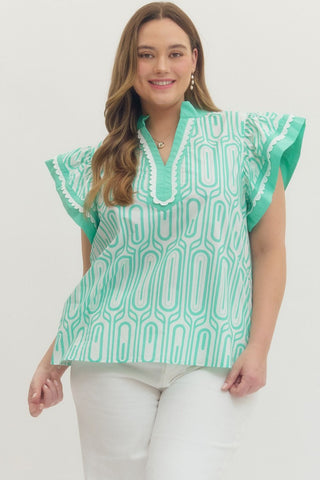 Plus Geometric Printed Flutter Sleeve Top - All About Me Boutique