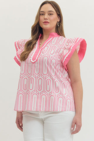 Plus Geometric Printed Flutter Sleeve Top - All About Me Boutique