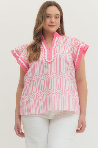 Plus Geometric Printed Flutter Sleeve Top - All About Me Boutique