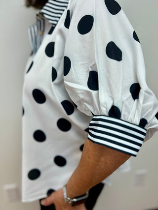 Riley Retro Polka Dot Blouse with Striped Contrast Trim - All About Me Boutique