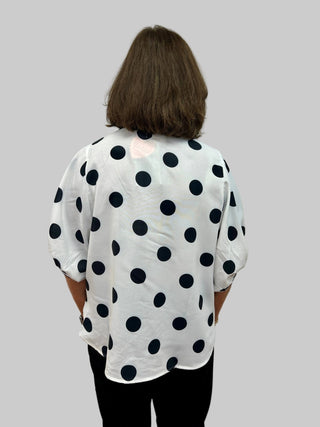 Riley Retro Polka Dot Blouse with Striped Contrast Trim - All About Me Boutique