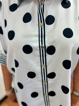 Riley Retro Polka Dot Blouse with Striped Contrast Trim - All About Me Boutique