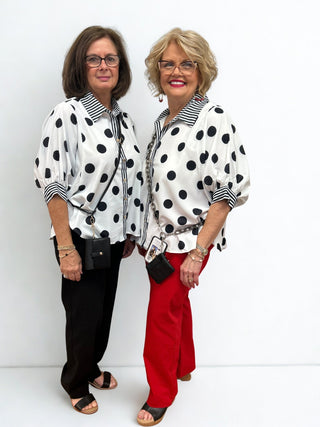 Riley Retro Polka Dot Blouse with Striped Contrast Trim - All About Me Boutique