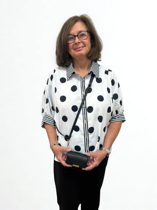 Riley Retro Polka Dot Blouse with Striped Contrast Trim - All About Me Boutique