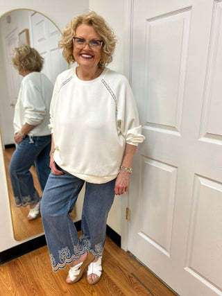 Steven Edwards Silky Soft Crochet Lace Raglan Crewneck Top - All About Me Boutique