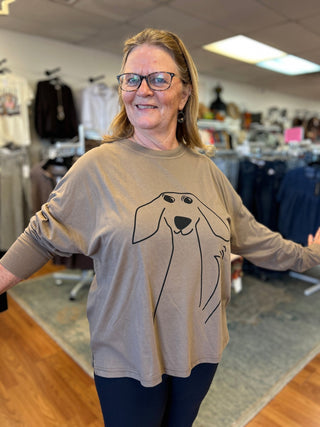 Tail Wager Taupe Boxy Long Sleeve Dog Graphic Tee - All About Me Boutique