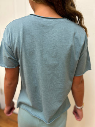 Tenly Girls Raw Edge High-Low Cotton Pocket Tee - Ice Blue - All About Me Boutique