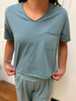 Tenly Girls Raw Edge High-Low Cotton Pocket Tee - Ice Blue - All About Me Boutique