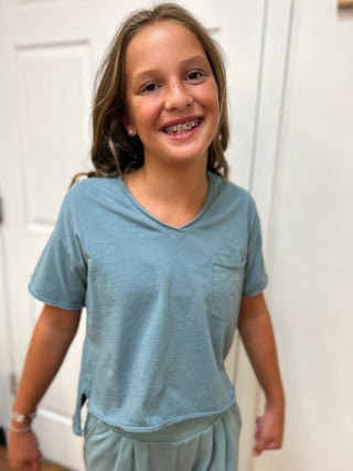 Tenly Girls Raw Edge High-Low Cotton Pocket Tee - Ice Blue - All About Me Boutique