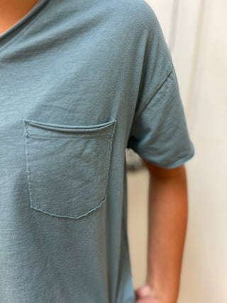 Tenly Girls Raw Edge High-Low Cotton Pocket Tee - Ice Blue - All About Me Boutique
