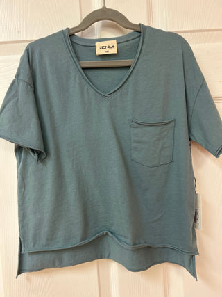 Tenly Girls Raw Edge High-Low Cotton Pocket Tee - Ice Blue - All About Me Boutique