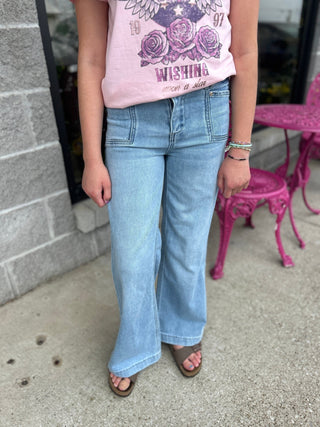 Tractr Girls Utility Pocket Wide Leg Denim Jeans - All About Me Boutique