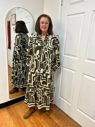 Umgee Abstract Geo Print Ruffle Maxi Dress - All About Me Boutique