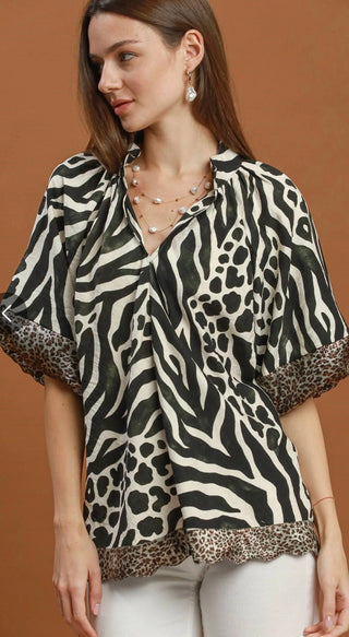 Umgee Animal Print Top with Bubble Sleeves - All About Me Boutique