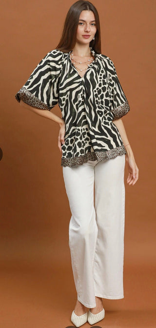 Umgee Animal Print Top with Bubble Sleeves - All About Me Boutique