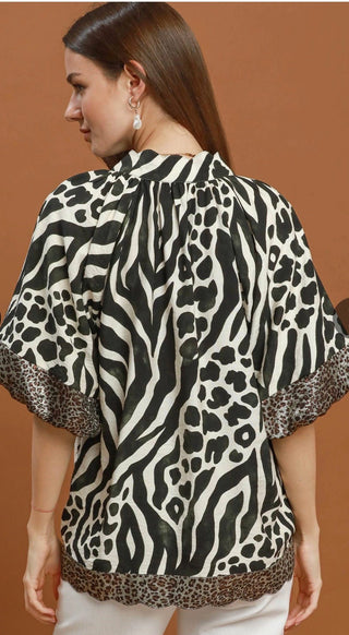 Umgee Animal Print Top with Bubble Sleeves - All About Me Boutique