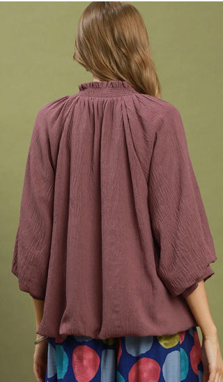 Umgee Balloon Sleeve Split Neck Blouse - All About Me Boutique