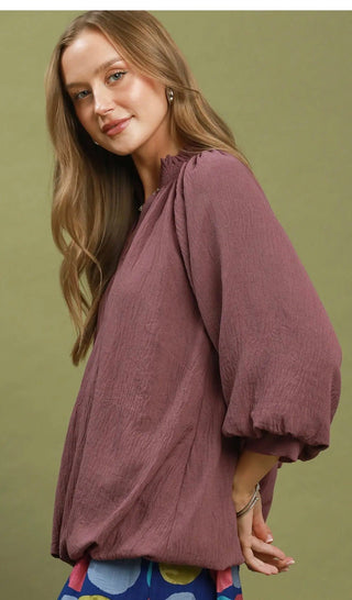 Umgee Balloon Sleeve Split Neck Blouse - All About Me Boutique