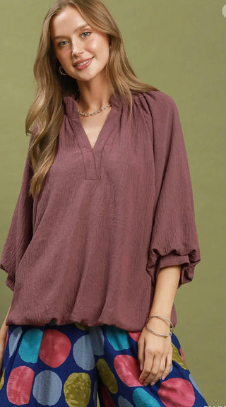 Umgee Balloon Sleeve Split Neck Blouse - All About Me Boutique