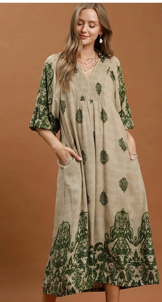 Umgee Border Print Midi Dress - All About Me Boutique