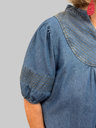 Umgee Chambray Puff Sleeve Dress - All About Me Boutique