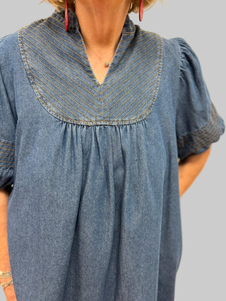 Umgee Chambray Puff Sleeve Dress - All About Me Boutique