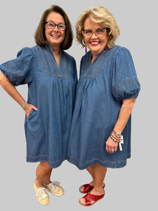 Umgee Chambray Puff Sleeve Dress - All About Me Boutique