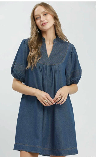 Umgee Chambray Puff Sleeve Dress - All About Me Boutique