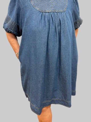 Umgee Chambray Puff Sleeve Dress - All About Me Boutique