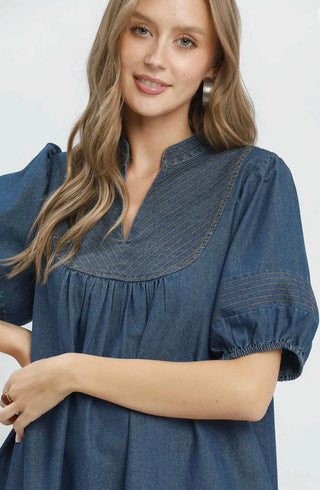 Umgee Chambray Puff Sleeve Dress - All About Me Boutique