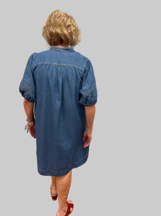 Umgee Chambray Puff Sleeve Dress - All About Me Boutique