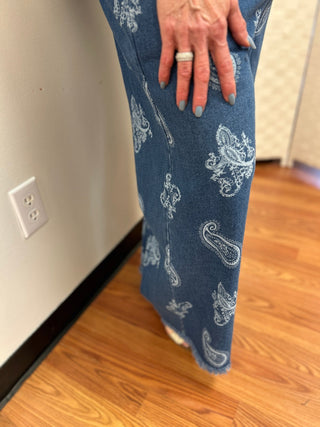 Umgee Denim Paisley Wide - Leg Pants - All About Me Boutique