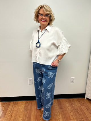 Umgee Denim Paisley Wide - Leg Pants - All About Me Boutique
